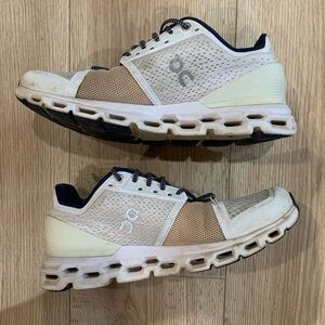 On Cloud Running Beige/Yellow and Navy  Athletic Shoes